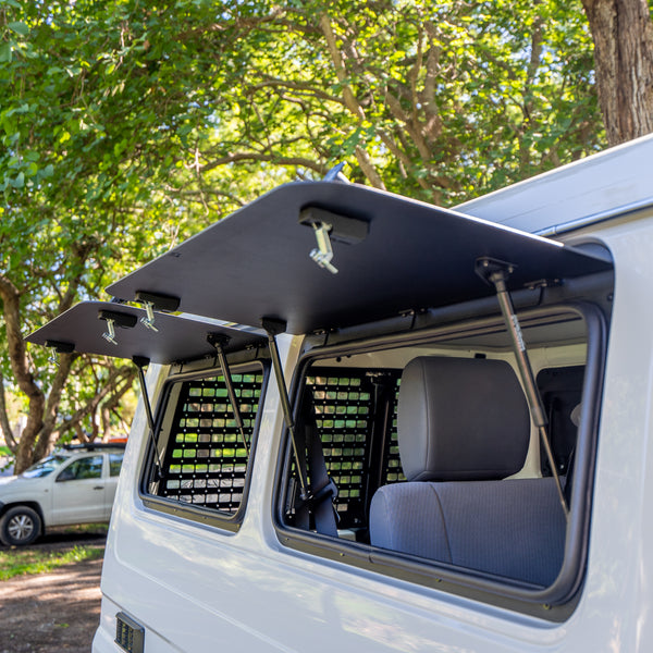 Troopy side gullwing windows open position